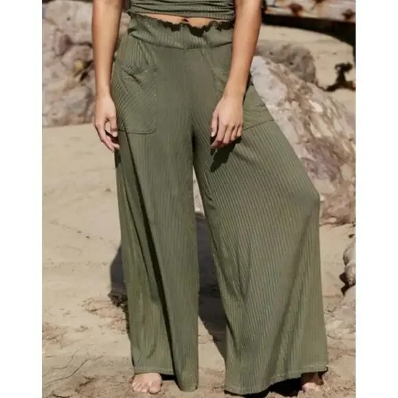 Free People Olive Ribbed Wide Leg Pants Smocked Waist Small Petite Preloved - Picture 1 of 5